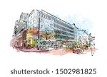 Building view with landmark of Rotterdam is a major port city in the Dutch province of South Holland, Netherlands. Watercolor splash Hand drawn sketch illustration in vector.
