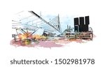 Building view with landmark of Rotterdam is a major port city in the Dutch province of South Holland, Netherlands. Watercolor splash Hand drawn sketch illustration in vector.