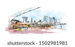 Building view with landmark of Rotterdam is a major port city in the Dutch province of South Holland, Netherlands. Watercolor splash Hand drawn sketch illustration in vector.