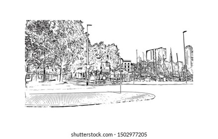 Building view with landmark of Rotterdam is a major port city in the Dutch province of South Holland. Hand drawn sketch illustration in vector.