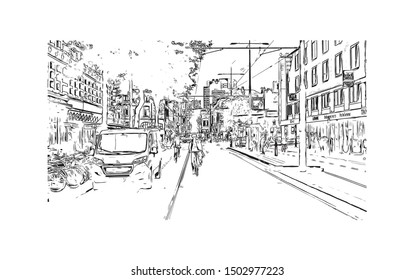 Building view with landmark of Rotterdam is a major port city in the Dutch province of South Holland. Hand drawn sketch illustration in vector.