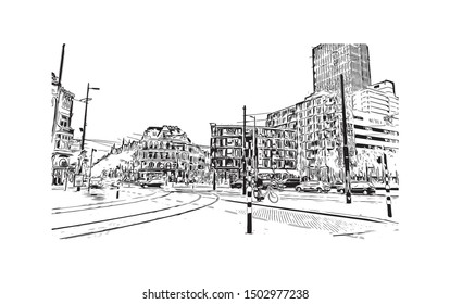 Building view with landmark of Rotterdam is a major port city in the Dutch province of South Holland. Hand drawn sketch illustration in vector.