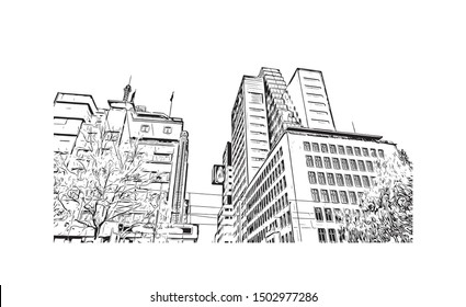 Building view with landmark of Rotterdam is a major port city in the Dutch province of South Holland. Hand drawn sketch illustration in vector.