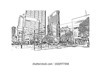 Building view with landmark of Rotterdam is a major port city in the Dutch province of South Holland. Hand drawn sketch illustration in vector.