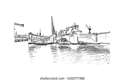 Building view with landmark of Rotterdam is a major port city in the Dutch province of South Holland. Hand drawn sketch illustration in vector.