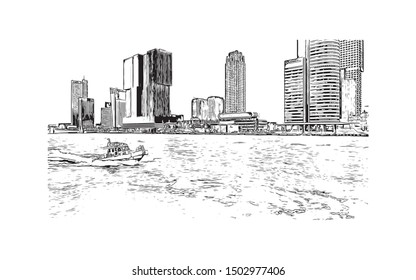 Building view with landmark of Rotterdam is a major port city in the Dutch province of South Holland. Hand drawn sketch illustration in vector.