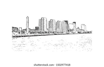 Building view with landmark of Rotterdam is a major port city in the Dutch province of South Holland. Hand drawn sketch illustration in vector.