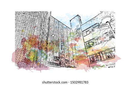 Building view with landmark of Rotterdam is a major port city in the Dutch province of South Holland, Netherlands. Watercolor splash Hand drawn sketch illustration in vector.