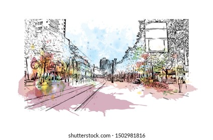 Building view with landmark of Rotterdam is a major port city in the Dutch province of South Holland, Netherlands. Watercolor splash Hand drawn sketch illustration in vector.