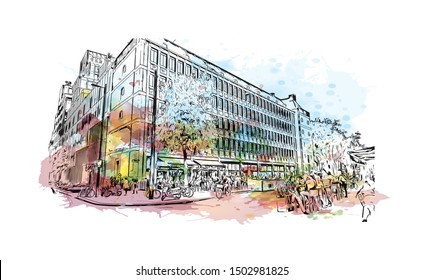 Building view with landmark of Rotterdam is a major port city in the Dutch province of South Holland, Netherlands. Watercolor splash Hand drawn sketch illustration in vector.