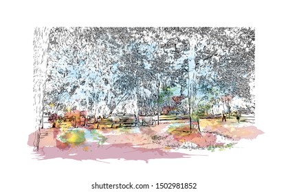 Building view with landmark of Rotterdam is a major port city in the Dutch province of South Holland, Netherlands. Watercolor splash Hand drawn sketch illustration in vector.