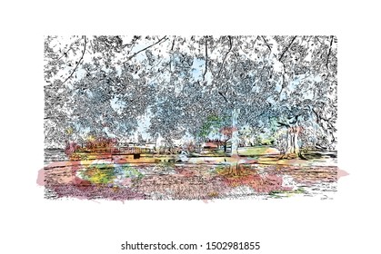 Building view with landmark of Rotterdam is a major port city in the Dutch province of South Holland, Netherlands. Watercolor splash Hand drawn sketch illustration in vector.
