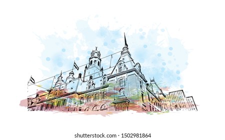 Building view with landmark of Rotterdam is a major port city in the Dutch province of South Holland, Netherlands. Watercolor splash Hand drawn sketch illustration in vector.