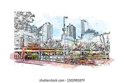 Building view with landmark of Rotterdam is a major port city in the Dutch province of South Holland, Netherlands. Watercolor splash Hand drawn sketch illustration in vector.