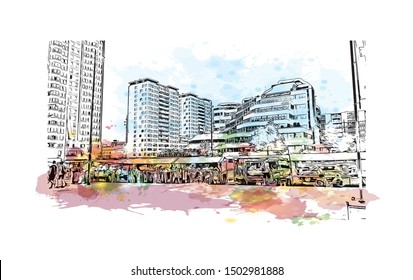 Building view with landmark of Rotterdam is a major port city in the Dutch province of South Holland, Netherlands. Watercolor splash Hand drawn sketch illustration in vector.