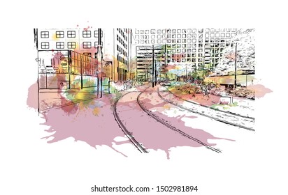 Building view with landmark of Rotterdam is a major port city in the Dutch province of South Holland, Netherlands. Watercolor splash Hand drawn sketch illustration in vector.