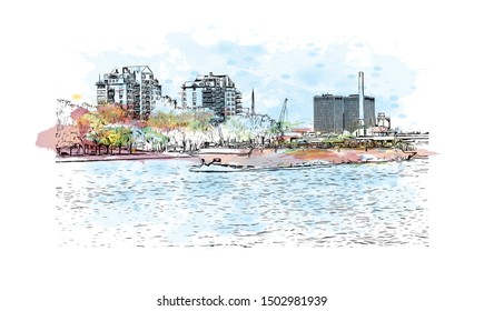 Building view with landmark of Rotterdam is a major port city in the Dutch province of South Holland, Netherlands. Watercolor splash Hand drawn sketch illustration in vector.