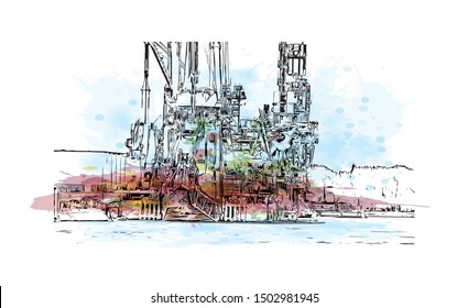 Building view with landmark of Rotterdam is a major port city in the Dutch province of South Holland, Netherlands. Watercolor splash Hand drawn sketch illustration in vector.