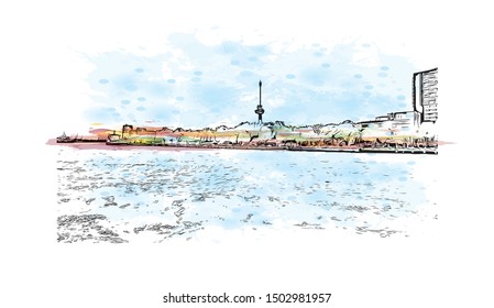 Building view with landmark of Rotterdam is a major port city in the Dutch province of South Holland, Netherlands. Watercolor splash Hand drawn sketch illustration in vector.