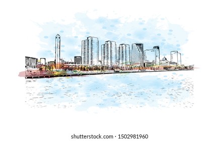 Building view with landmark of Rotterdam is a major port city in the Dutch province of South Holland, Netherlands. Watercolor splash Hand drawn sketch illustration in vector.
