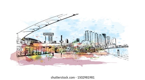 Building view with landmark of Rotterdam is a major port city in the Dutch province of South Holland, Netherlands. Watercolor splash Hand drawn sketch illustration in vector.