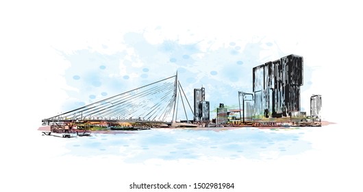 Building view with landmark of Rotterdam is a major port city in the Dutch province of South Holland, Netherlands. Watercolor splash Hand drawn sketch illustration in vector.