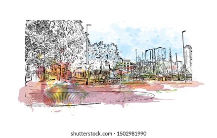 Building view with landmark of Rotterdam is a major port city in the Dutch province of South Holland, Netherlands. Watercolor splash Hand drawn sketch illustration in vector.