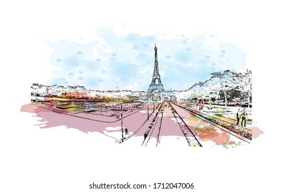 Building view with landmark of Rouen, capital of the northern French region of Normandy, is a port city on the river Seine. Watercolor splash with Hand drawn sketch illustration in vector.