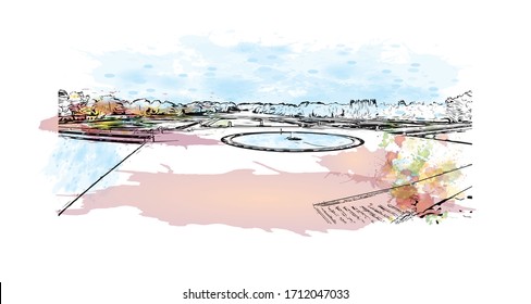 Building view with landmark of Rouen, capital of the northern French region of Normandy, is a port city on the river Seine. Watercolor splash with Hand drawn sketch illustration in vector.