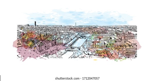 Building view with landmark of Rouen, capital of the northern French region of Normandy, is a port city on the river Seine. Watercolor splash with Hand drawn sketch illustration in vector.