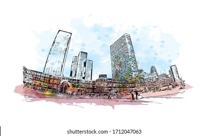 Building view with landmark of Rouen, capital of the northern French region of Normandy, is a port city on the river Seine. Watercolor splash with Hand drawn sketch illustration in vector.