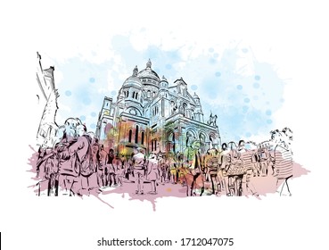 Building view with landmark of Rouen, capital of the northern French region of Normandy, is a port city on the river Seine. Watercolor splash with Hand drawn sketch illustration in vector.