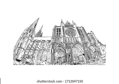 Building view with landmark of Rouen, capital of the northern French region of Normandy, is a port city on the river Seine. Hand drawn sketch illustration in vector.