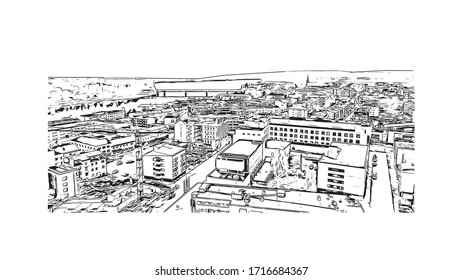Building view with landmark of Rovaniemi is the capital of Lapland, in northern Finland. Hand drawn sketch illustration in vector.
