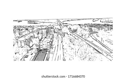Building view with landmark of Rovaniemi is the capital of Lapland, in northern Finland. Hand drawn sketch illustration in vector.