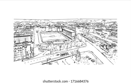 Building view with landmark of Rovaniemi is the capital of Lapland, in northern Finland. Hand drawn sketch illustration in vector.