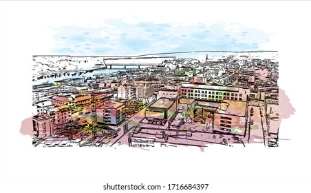 Building view with landmark of Rovaniemi is the capital of Lapland, in northern Finland. Watercolor splash with Hand drawn sketch illustration in vector.