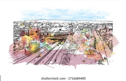 Building view with landmark of Rovaniemi is the capital of Lapland, in northern Finland. Watercolor splash with Hand drawn sketch illustration in vector.