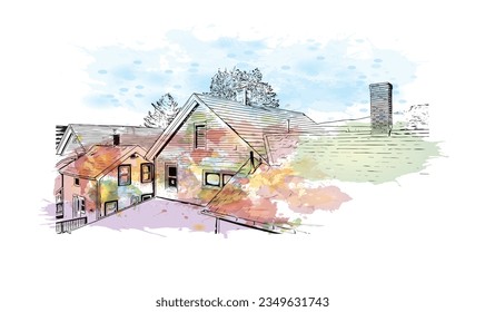 Building view with landmark of  Rutland is the city in Vermont.
Watercolor splash with hand drawn sketch illustration in vector.