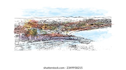 Building view with landmark of Sa Coma is the town in Spain. Watercolor splash with hand drawn sketch illustration in vector.