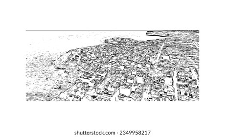 Building view with landmark of Sa Coma is the town in Spain. Hand drawn sketch illustration in vector.