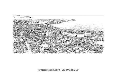 Building view with landmark of Sa Coma is the town in Spain. Hand drawn sketch illustration in vector.