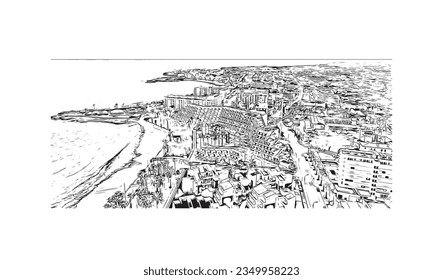 Building view with landmark of Sa Coma is the town in Spain. Hand drawn sketch illustration in vector.