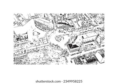 Building view with landmark of Sa Coma is the town in Spain. Hand drawn sketch illustration in vector.