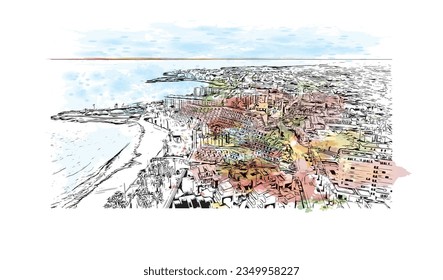 Building view with landmark of Sa Coma is the town in Spain. Watercolor splash with hand drawn sketch illustration in vector.