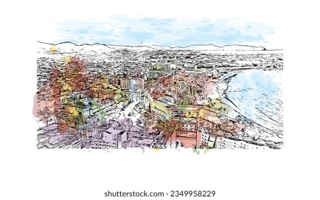 Building view with landmark of Sa Coma is the town in Spain. Watercolor splash with hand drawn sketch illustration in vector.