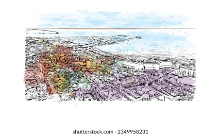 Building view with landmark of Sa Coma is the town in Spain. Watercolor splash with hand drawn sketch illustration in vector.