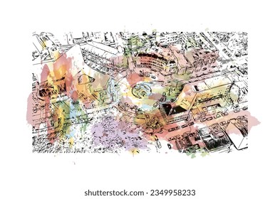 Building view with landmark of Sa Coma is the town in Spain. Watercolor splash with hand drawn sketch illustration in vector.