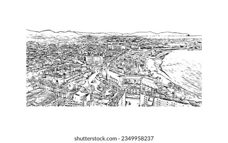 Building view with landmark of Sa Coma is the town in Spain. Hand drawn sketch illustration in vector.