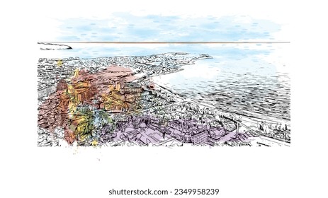 Building view with landmark of Sa Coma is the town in Spain. Watercolor splash with hand drawn sketch illustration in vector.